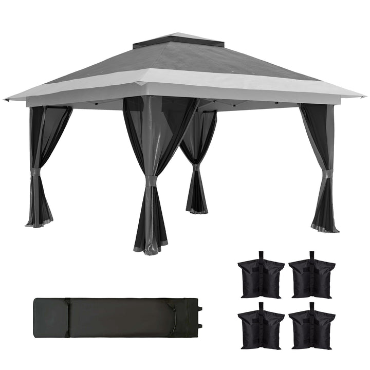 Pérgola Dobrável 356x356x280 cm Pérgola Dobrável com 4 Paredes Laterais de Malha Anti-UV Altura Ajustável Bolsa de Areia e Bolsa de Transporte para Campismo Festas Cinza Escuro
