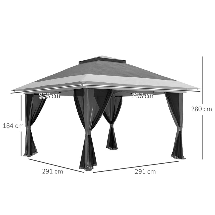 Pérgola Dobrável 356x356x280 cm Pérgola Dobrável com 4 Paredes Laterais de Malha Anti-UV Altura Ajustável Bolsa de Areia e Bolsa de Transporte para Campismo Festas Cinza Escuro