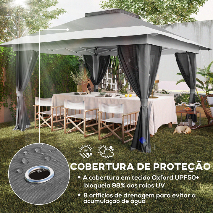 Pérgola Dobrável 356x356x280 cm Pérgola Dobrável com 4 Paredes Laterais de Malha Anti-UV Altura Ajustável Bolsa de Areia e Bolsa de Transporte para Campismo Festas Cinza Escuro
