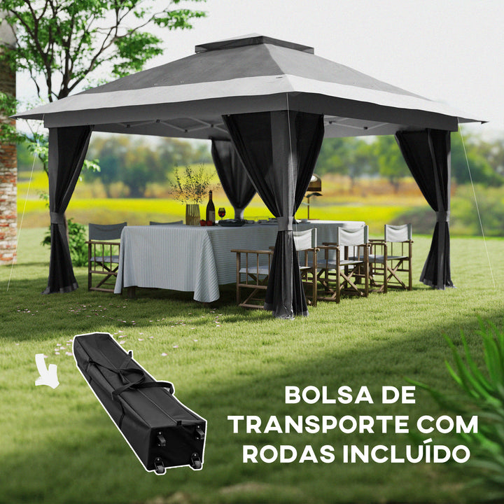 Pérgola Dobrável 356x356x280 cm Pérgola Dobrável com 4 Paredes Laterais de Malha Anti-UV Altura Ajustável Bolsa de Areia e Bolsa de Transporte para Campismo Festas Cinza Escuro