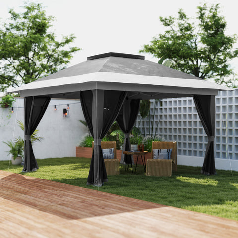 Pérgola Dobrável 356x356x280 cm Pérgola Dobrável com 4 Paredes Laterais de Malha Anti-UV Altura Ajustável Bolsa de Areia e Bolsa de Transporte para Campismo Festas Cinza Escuro