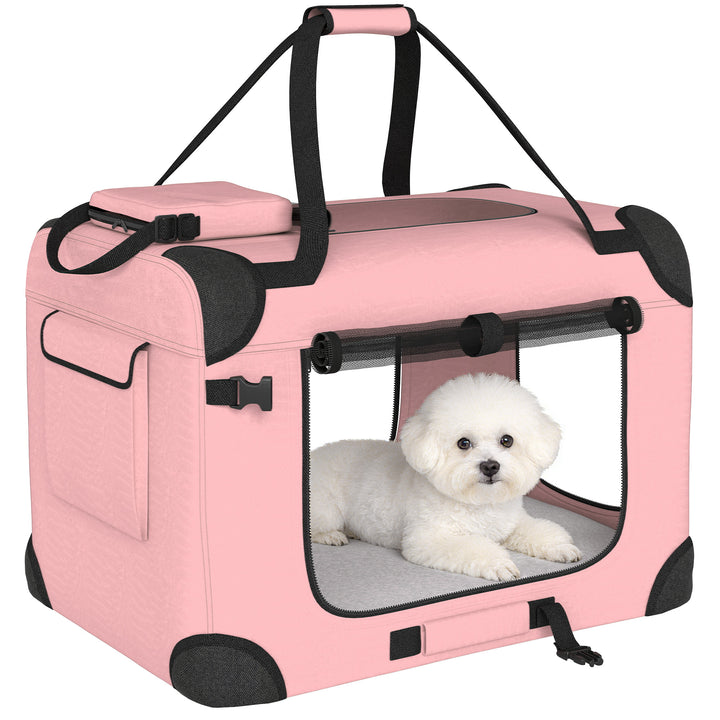 Transportadora Dobrável para Cães 60x41,5x41 cm com Janelas de Rede Almofada Macia e 2 Alças Bolsa para Mini Cães e Gatos Rosa