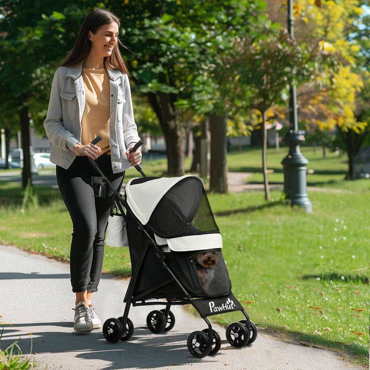 Carrinho para Cães Pequenos com Estrutura Compacta Carrinho Dobrável com Colchão Lavável Suporte para Copos Janelas de Rede e Bolsa de Arrumação 76x44x103 cm Creme