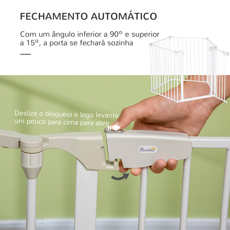 Barreira de Segurança para Animais de Estimação Barreira Dobrável de 5 Painéis com Fechadura Inteligente para Corredor Escada 300x74,5 cm Branco