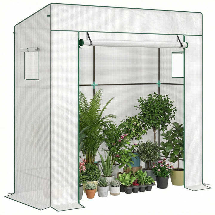 Estufa Pequena de Exterior com Janelas de Rede e Porta com Fecho de Correr Estrutura de Aço e Cobertura de PE 140g/m² para Cultivar Tomates, Plantas e Flores 196x77x197 cm Branco