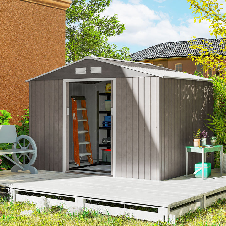 Abrigo de Jardim Exterior Abrigo e Jardim Metálico para Armazenamento de Ferramentas com Base de Reforço Incluída e 4 Janelas 277x195x192 cm Madeira