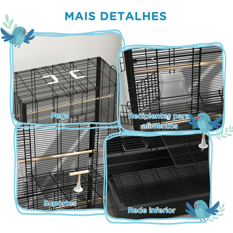 Gaiola para Pássaros 61x36,5x98 cm Gaiola para Aves com Portas Poleiros Bandeja Removível Caixas de Comida e Alças para Canários Periquitos Preto