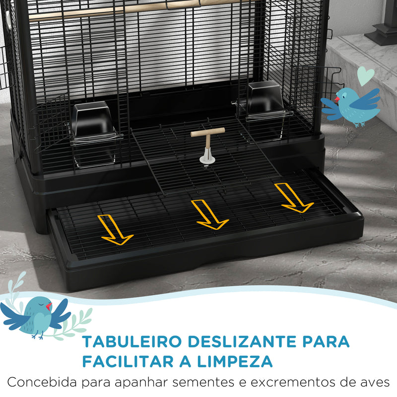 Gaiola para Pássaros 61x36,5x98 cm Gaiola para Aves com Portas Poleiros Bandeja Removível Caixas de Comida e Alças para Canários Periquitos Preto