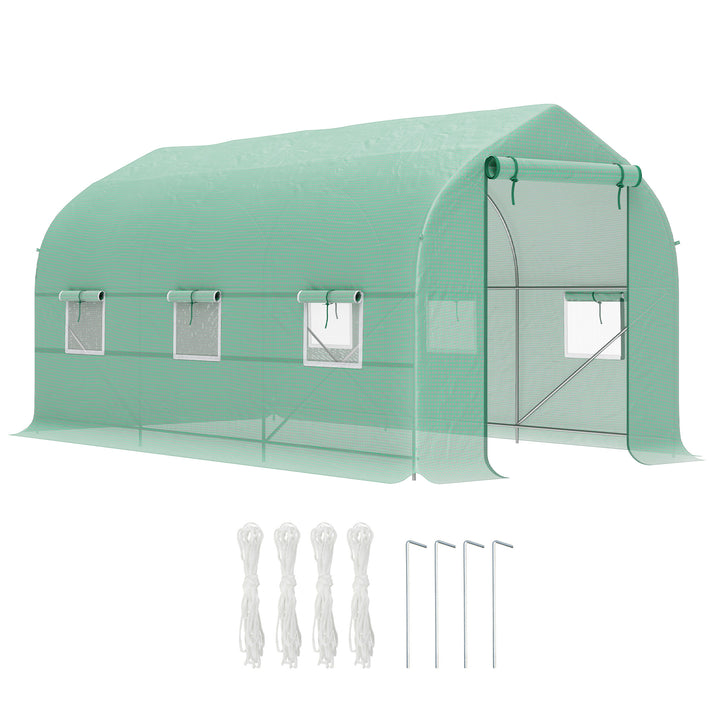 Estufa de Jardim 400x200x200cm Tipo Túnel com 6 Janelas Transpiráveis e Portas Enrolável com Zíper para Cultivo de Plantas e Verduras Verde
