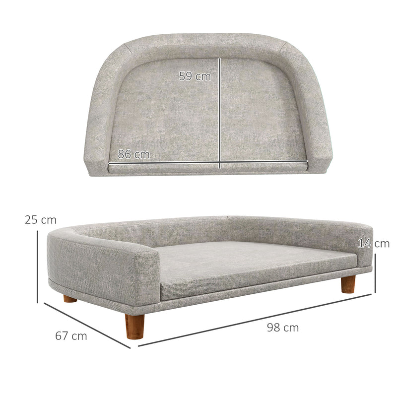 Sofá para Cães Cama Elevada para Cães Estofada com Almofada Lavável e Pés de Madeira de Pinho Carga Máxima 40 kg 98x67x25 cm Cinza