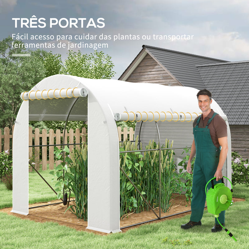 Estufa Tipo Túnel 3x2x2 m Estufa de Jardim com 3 Portas e 6 Janelas Enroláveis Estufa com Teto Curvo para Cultivo de Plantas Flores Branco