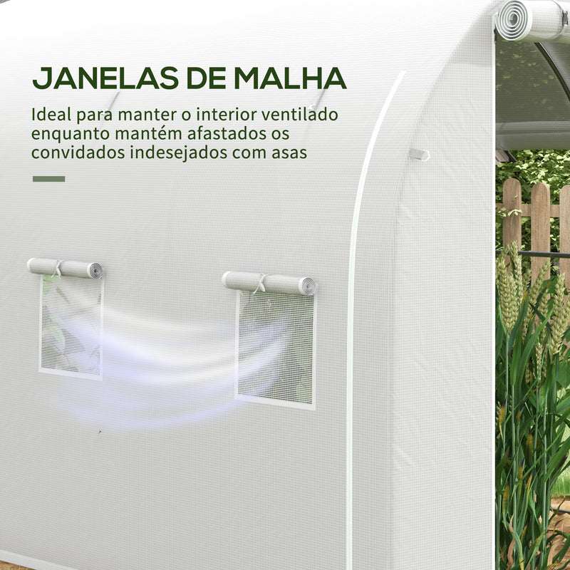 Estufa Tipo Túnel 3x2x2 m Estufa de Jardim com 3 Portas e 6 Janelas Enroláveis Estufa com Teto Curvo para Cultivo de Plantas Flores Branco