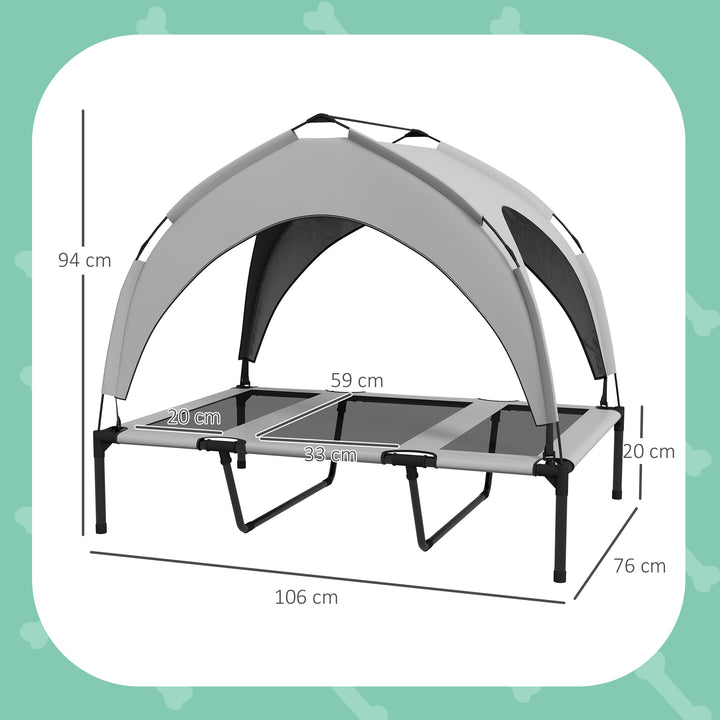 Cama Elevada para Cães com Toldo Cama para Cães Grandes Refrescante e Respirável 106x76x94 cm com Estrutura de Aço e Bolsa de Transporte para Interior e Exterior Cinzento Claro