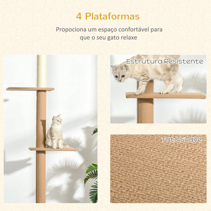 Arranhador para Gatos de Chão ao Teto 43x27x228-260 cm Torre para Gatos com Altura Ajustável 4 Plataformas e Poste de Sisal Marrom Claro