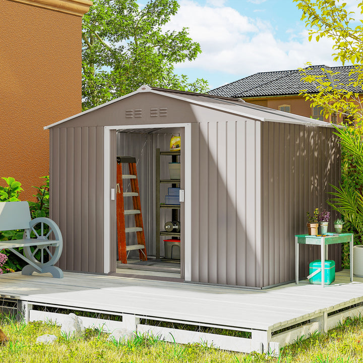 Abrigo de Jardim Exterior Abrigo e Jardim Metálico para Armazenamento de Ferramentas com Base de Reforço Incluída e 4 Janelas 277x195x192 cm Cinzento