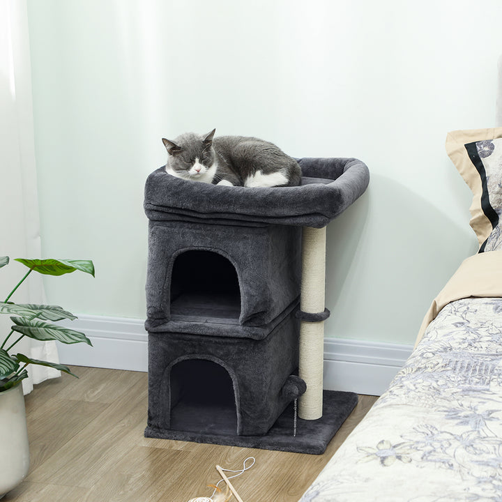 Arranhador para Gatos 66 cm Torre para Gatos com Cama 2 Cavernas Poste de Sisal e Bola para Brincar Cinzento Escuro