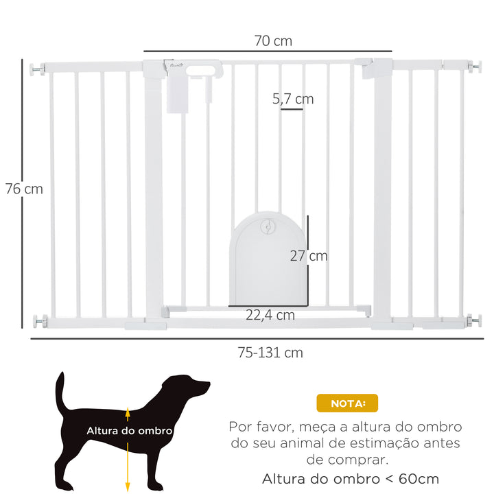 Barreira de Segurança de Cães Animais de Estimação para Escadas e Portas 75-131 cm com 3 Extensões Fechamento Automático e Sistema de Duplo Bloqueio Aço Branco