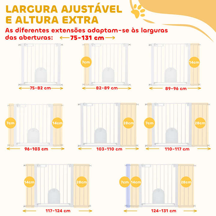 Barreira de Segurança de Cães Animais de Estimação para Escadas e Portas 75-131 cm com 3 Extensões Fechamento Automático e Sistema de Duplo Bloqueio Aço Branco