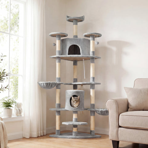 Árvore Cinza para Gatos Grande 200cm Postes Arranhadores de Sisal Natural e Bolas de Brinquedo