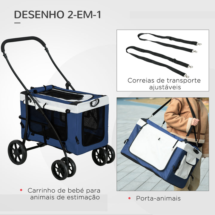 Carrinho para Animais de Estimação Carrinho para Cães Dobrável com Compartimento Desmontável 4 Portas com Fecho de Correr 2 Correias de Segurança e de Transporte 81x58x97,5 cm Azul