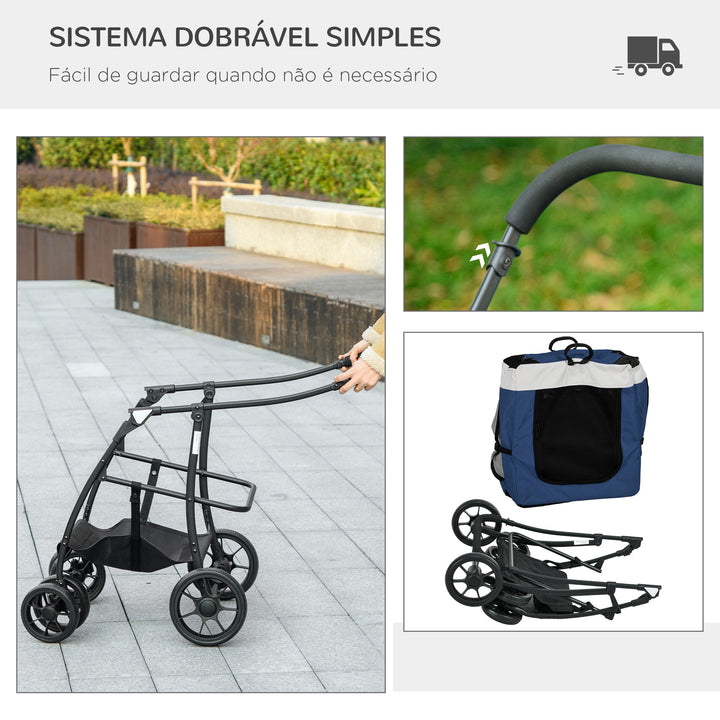 Carrinho para Animais de Estimação Carrinho para Cães Dobrável com Compartimento Desmontável 4 Portas com Fecho de Correr 2 Correias de Segurança e de Transporte 81x58x97,5 cm Azul