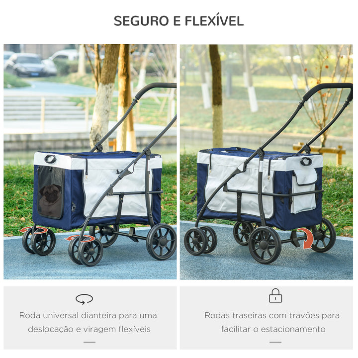 Carrinho para Animais de Estimação Carrinho para Cães Dobrável com Compartimento Desmontável 4 Portas com Fecho de Correr 2 Correias de Segurança e de Transporte 81x58x97,5 cm Azul