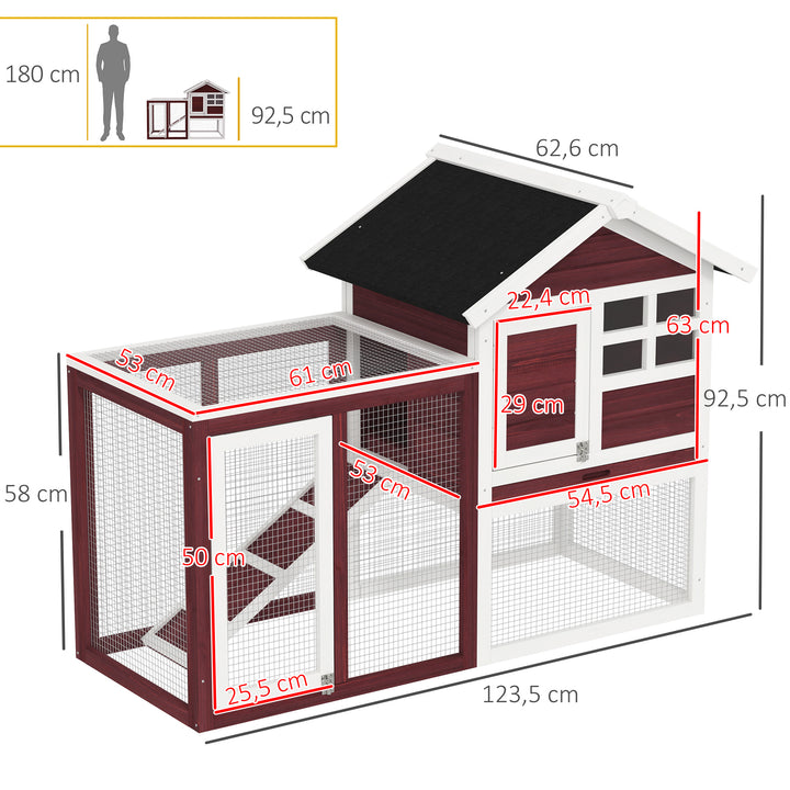Coelheira de Madeira Exterior de 2 Níveis Gaiola para Coelhos Animais Pequenos com Zona Aberta Teto Asfáltico Bandeja Removível e Rampa 122x62,6x92cm Vermelho