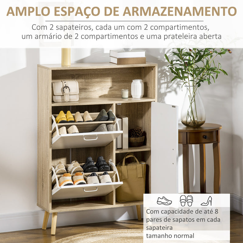 Sapateira para 8 Pares de Sapatos Móvel Sapateiro com 2 Gavetas Prateleira Aberta e Porta para Corredor Entrada Dormitório 80x25,5x112,5cm Madeira e Branco