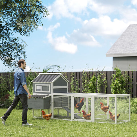 Galinheiro para Exterior Galinheiro de Madeira Gaiola Grande para 10-15 Galinhas com Baloiço Perchas Bandeja Removível e Rampa 315,5x150,5x140,5 cm Cinza