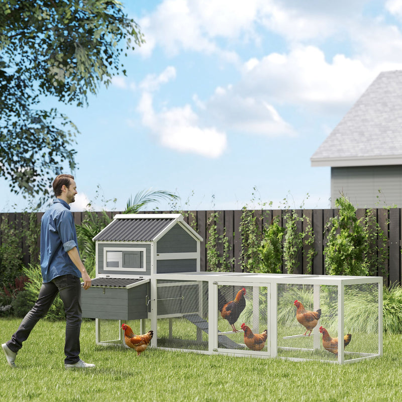 Galinheiro para Exterior Galinheiro de Madeira Gaiola Grande para 10-15 Galinhas com Baloiço Perchas Bandeja Removível e Rampa 315,5x150,5x140,5 cm Cinza