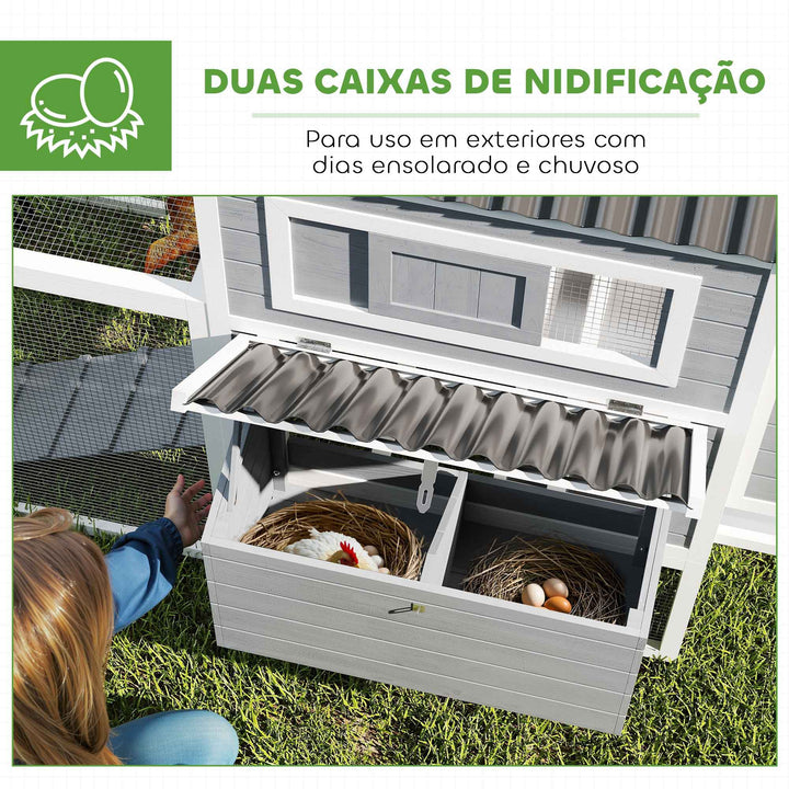 Galinheiro para Exterior Galinheiro de Madeira Gaiola Grande para 10-15 Galinhas com Baloiço Perchas Bandeja Removível e Rampa 315,5x150,5x140,5 cm Cinza