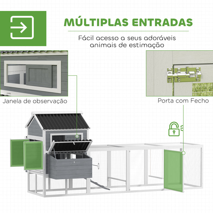 Galinheiro para Exterior Galinheiro de Madeira Gaiola Grande para 10-15 Galinhas com Baloiço Perchas Bandeja Removível e Rampa 315,5x150,5x140,5 cm Cinza