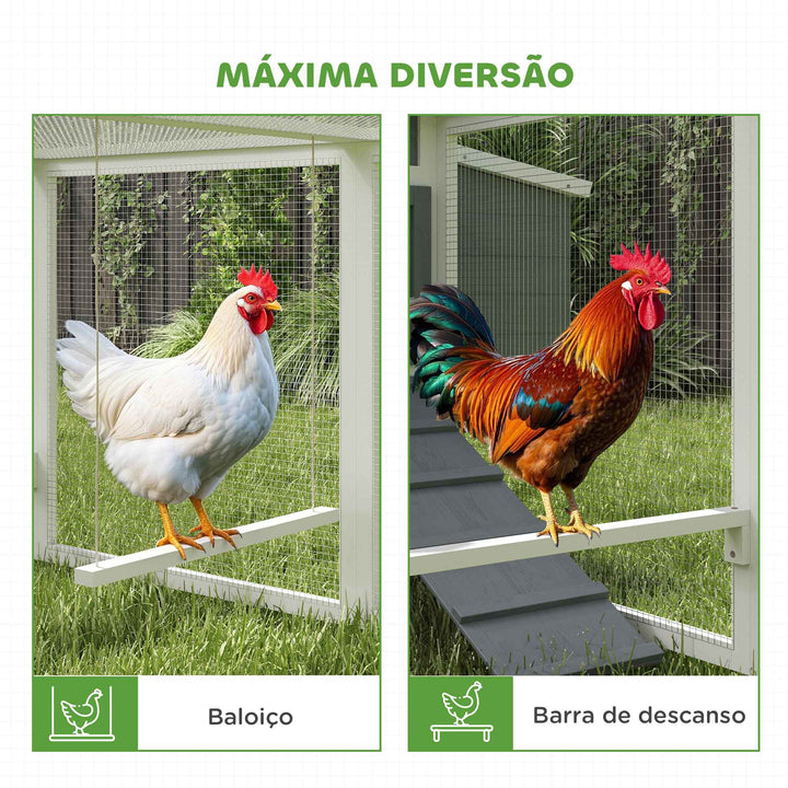 Galinheiro para Exterior Galinheiro de Madeira Gaiola Grande para 10-15 Galinhas com Baloiço Perchas Bandeja Removível e Rampa 315,5x150,5x140,5 cm Cinza