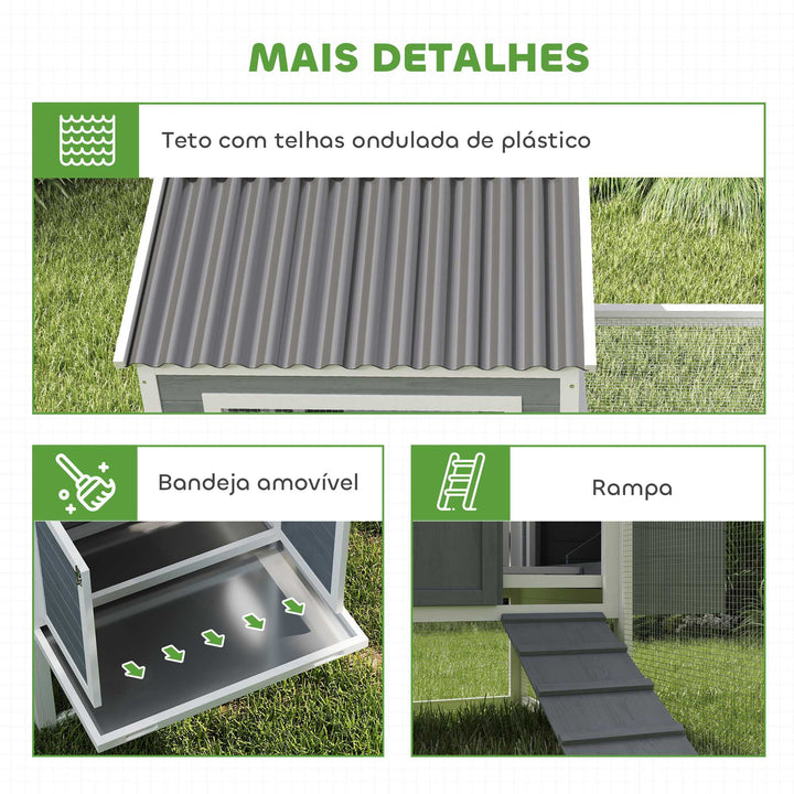 Galinheiro para Exterior Galinheiro de Madeira Gaiola Grande para 10-15 Galinhas com Baloiço Perchas Bandeja Removível e Rampa 315,5x150,5x140,5 cm Cinza
