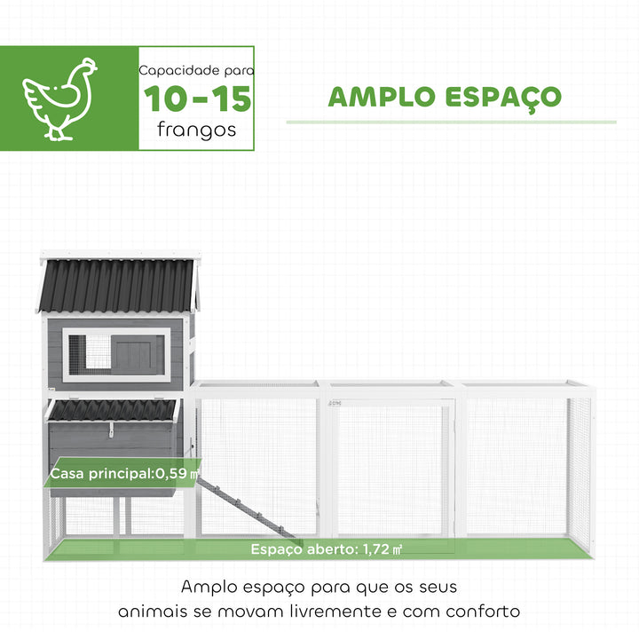 Galinheiro para Exterior Galinheiro de Madeira Gaiola Grande para 10-15 Galinhas com Baloiço Perchas Bandeja Removível e Rampa 315,5x150,5x140,5 cm Cinza