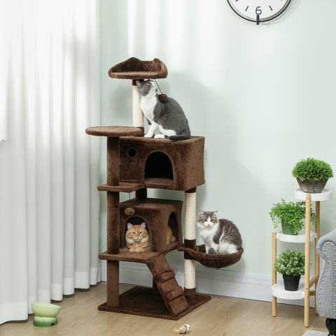 Arranhador para Gatos 140 cm Torre de Escalada com Múltiplas Plataformas Cama 2 Cavernas Rede Escada Postes de Sisal Bolas para Brincar Marrom