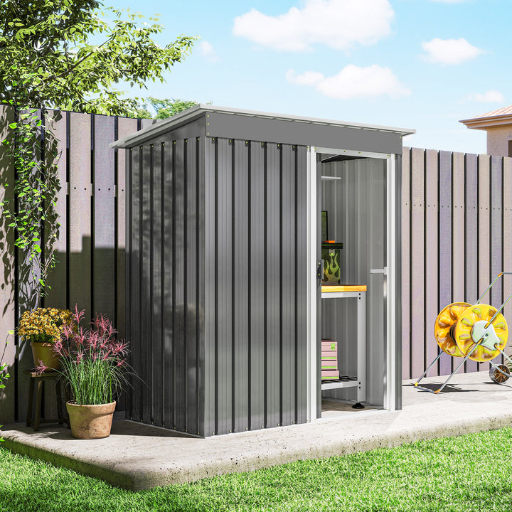 Abrigo de Jardim Exterior 163x89x182 cm Abrigo Metálico para Ferramentas com Porta de Correr e Teto Inclinado para Pátio Cinzento