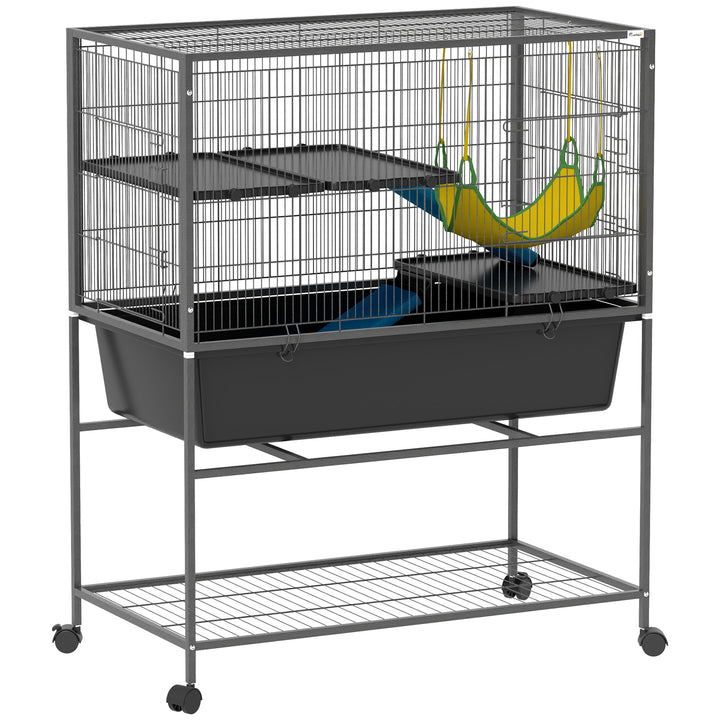 Gaiola para Animais Pequenos de 3 Níveis Gaiola para Coelhos com Rodas Rampas Rede e Bandeja Amovível Recinto para Roedores Chinchilas e Furões 88x48x102 cm Cinza Escuro