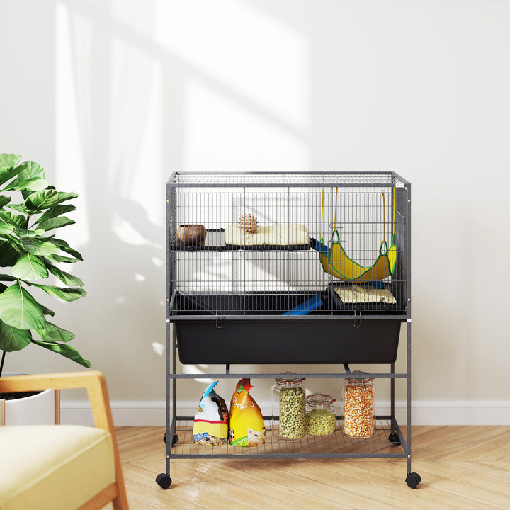 Gaiola para Animais Pequenos de 3 Níveis Gaiola para Coelhos com Rodas Rampas Rede e Bandeja Amovível Recinto para Roedores Chinchilas e Furões 88x48x102 cm Cinza Escuro