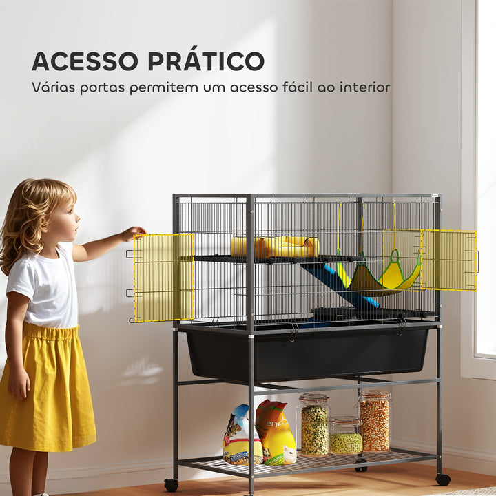 Gaiola para Animais Pequenos de 3 Níveis Gaiola para Coelhos com Rodas Rampas Rede e Bandeja Amovível Recinto para Roedores Chinchilas e Furões 88x48x102 cm Cinza Escuro