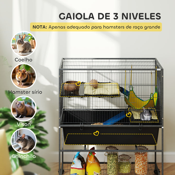 Gaiola para Animais Pequenos de 3 Níveis Gaiola para Coelhos com Rodas Rampas Rede e Bandeja Amovível Recinto para Roedores Chinchilas e Furões 88x48x102 cm Cinza Escuro