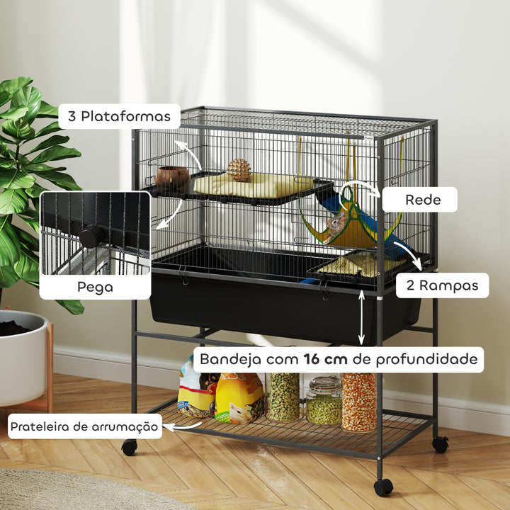 Gaiola para Animais Pequenos de 3 Níveis Gaiola para Coelhos com Rodas Rampas Rede e Bandeja Amovível Recinto para Roedores Chinchilas e Furões 88x48x102 cm Cinza Escuro