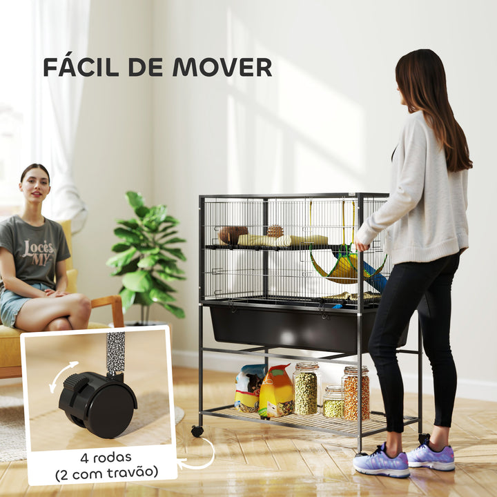 Gaiola para Animais Pequenos de 3 Níveis Gaiola para Coelhos com Rodas Rampas Rede e Bandeja Amovível Recinto para Roedores Chinchilas e Furões 88x48x102 cm Cinza Escuro