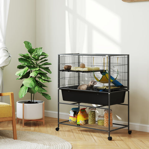 Gaiola para Animais Pequenos de 3 Níveis Gaiola para Coelhos com Rodas Rampas Rede e Bandeja Amovível Recinto para Roedores Chinchilas e Furões 88x48x102 cm Cinza Escuro