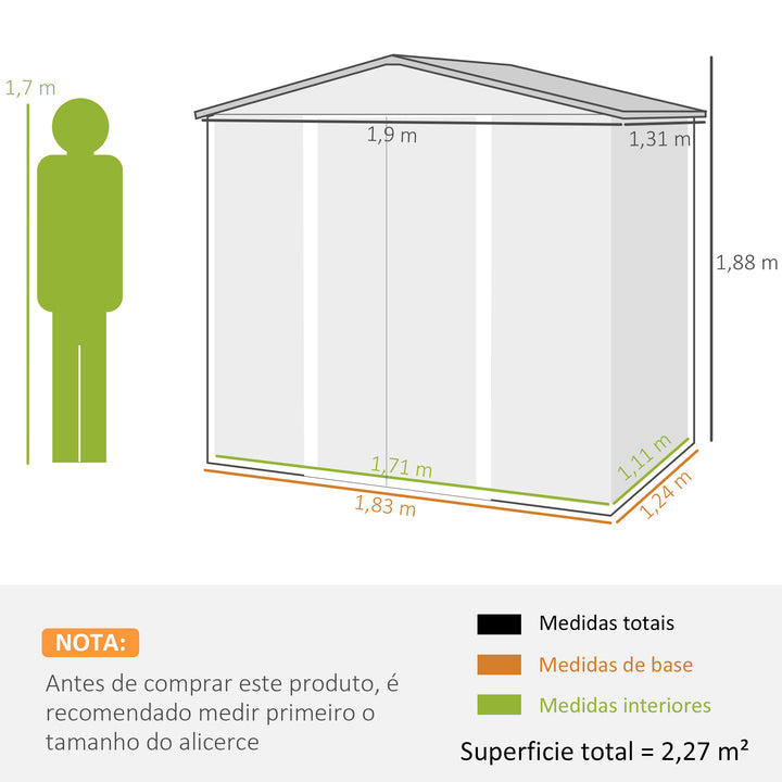 Abrigo de Jardim Exterior 2,27 m² 190x131x188 cm Abrigo Metálico com 2 Ventilações Porta com Fechadura para Armazenamento de Ferramentas Cinza