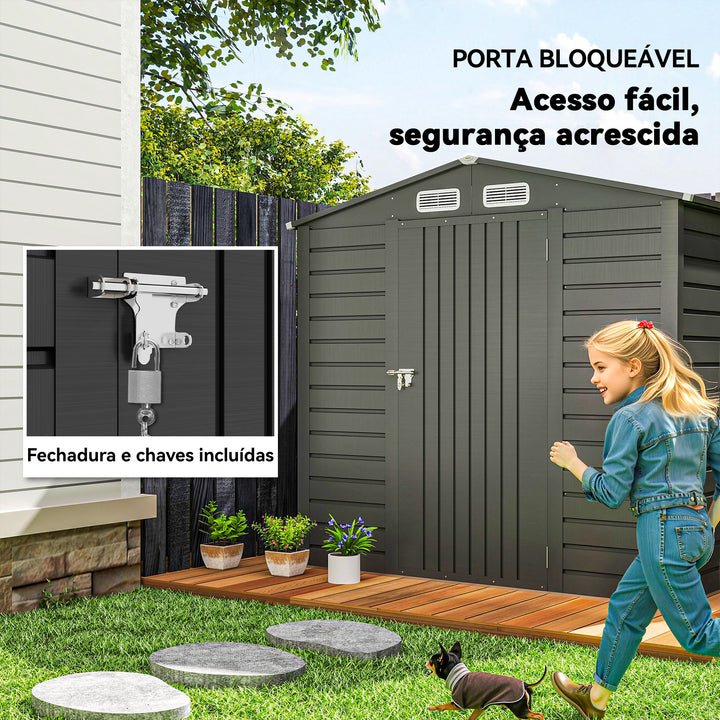 Abrigo de Jardim Exterior 2,27 m² 190x131x188 cm Abrigo Metálico com 2 Ventilações Porta com Fechadura para Armazenamento de Ferramentas Cinza