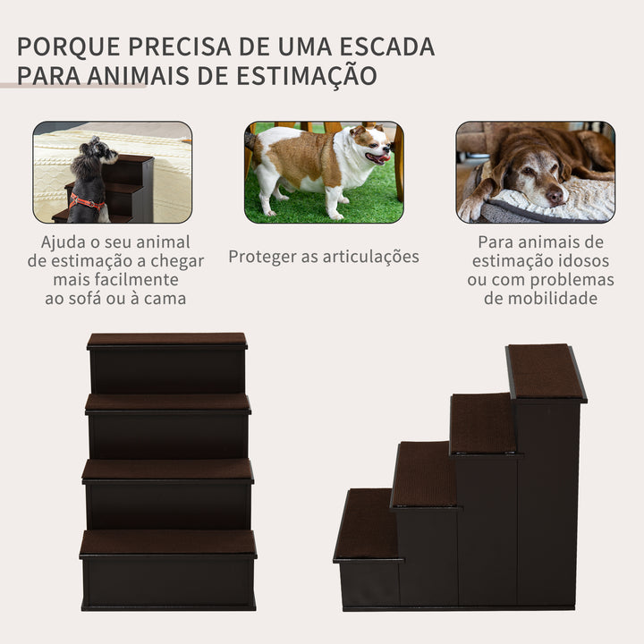 Escada para Animais de Estimação de 4 Degraus Escada para Cães e Gatos com Tapetes Antideslizantes Removíveis Carga 30 kg para Cama Sofá 40x59x54,2 cm Marrom Escuro