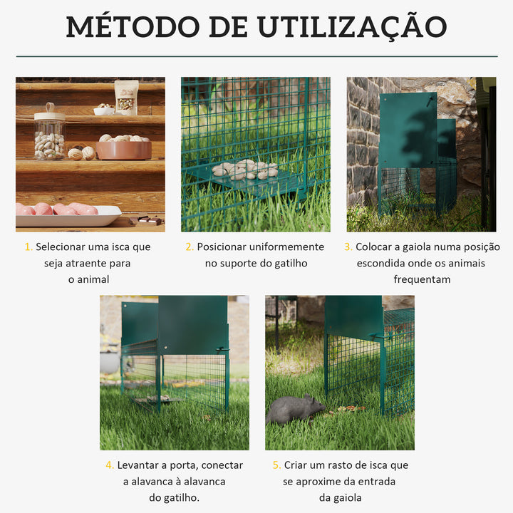Armadilha com 2 portas para animais vivos Gaiola de captura de metal com alça 100x25x28 cm Verde escuro