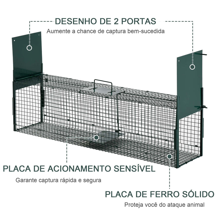 Armadilha com 2 portas para animais vivos Gaiola de captura de metal com alça 100x25x28 cm Verde escuro