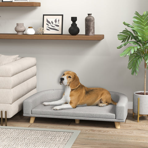 Sofá para Cães Cama Elevada para Cães Estofada com Almofada Lavável e Pés de Madeira de Pinho Carga Máxima 40 kg 98x67x25 cm Cinza